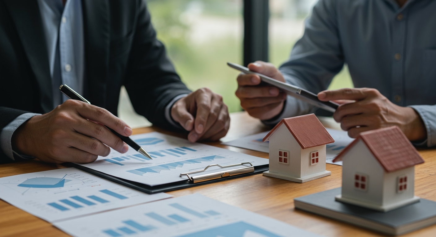 Buyer and agent analyzing market data charts that highlight shifting affordable housing trends in today’s real estate market