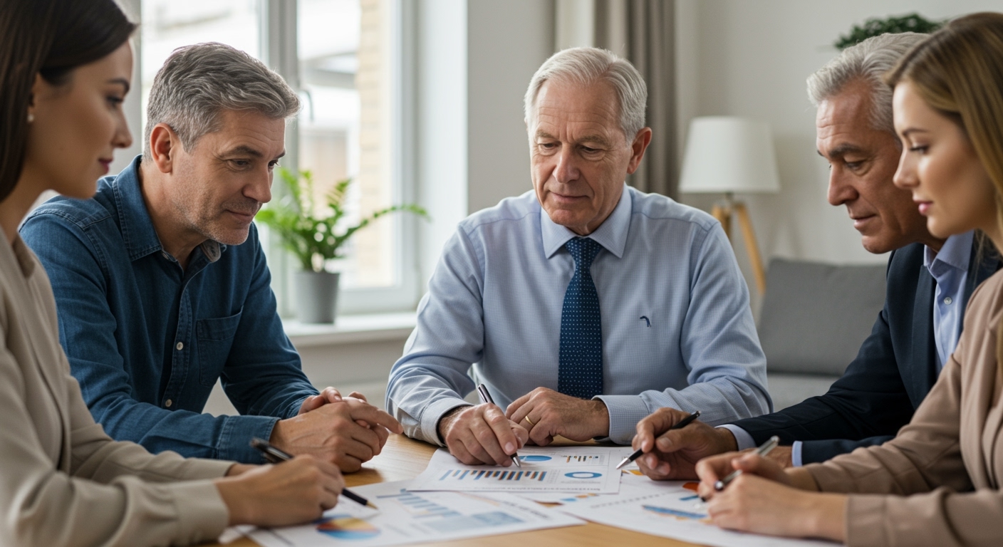 Mortgage advisor and clients sitting together reviewing charts and discussing are adjustable rate mortgages on the rise