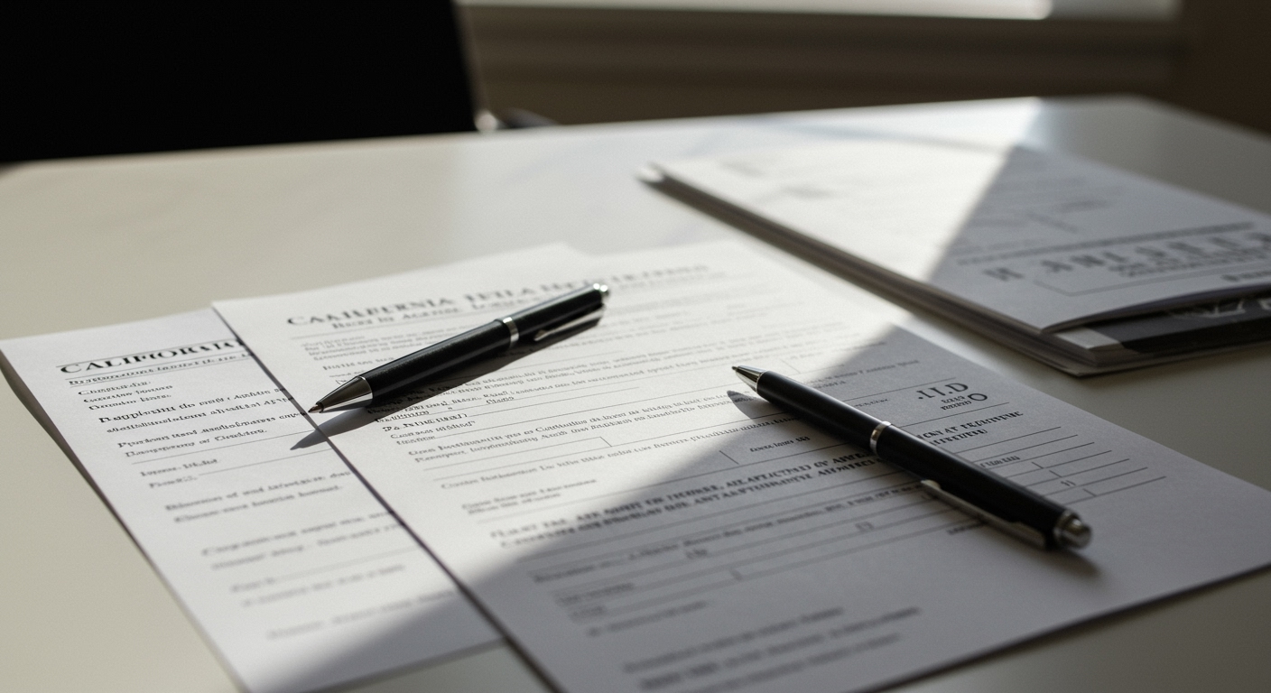 California real estate license application documents and fingerprinting form on a desk