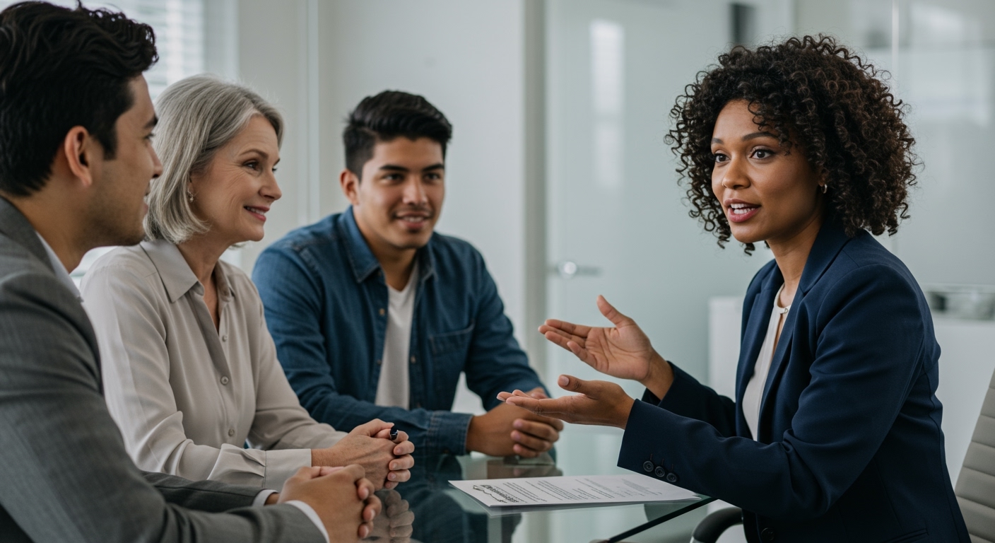 An advisor speaking with clients about property decisions and coverage options, showing why many choose to Get Licensed in Both Real Estate and Insurance