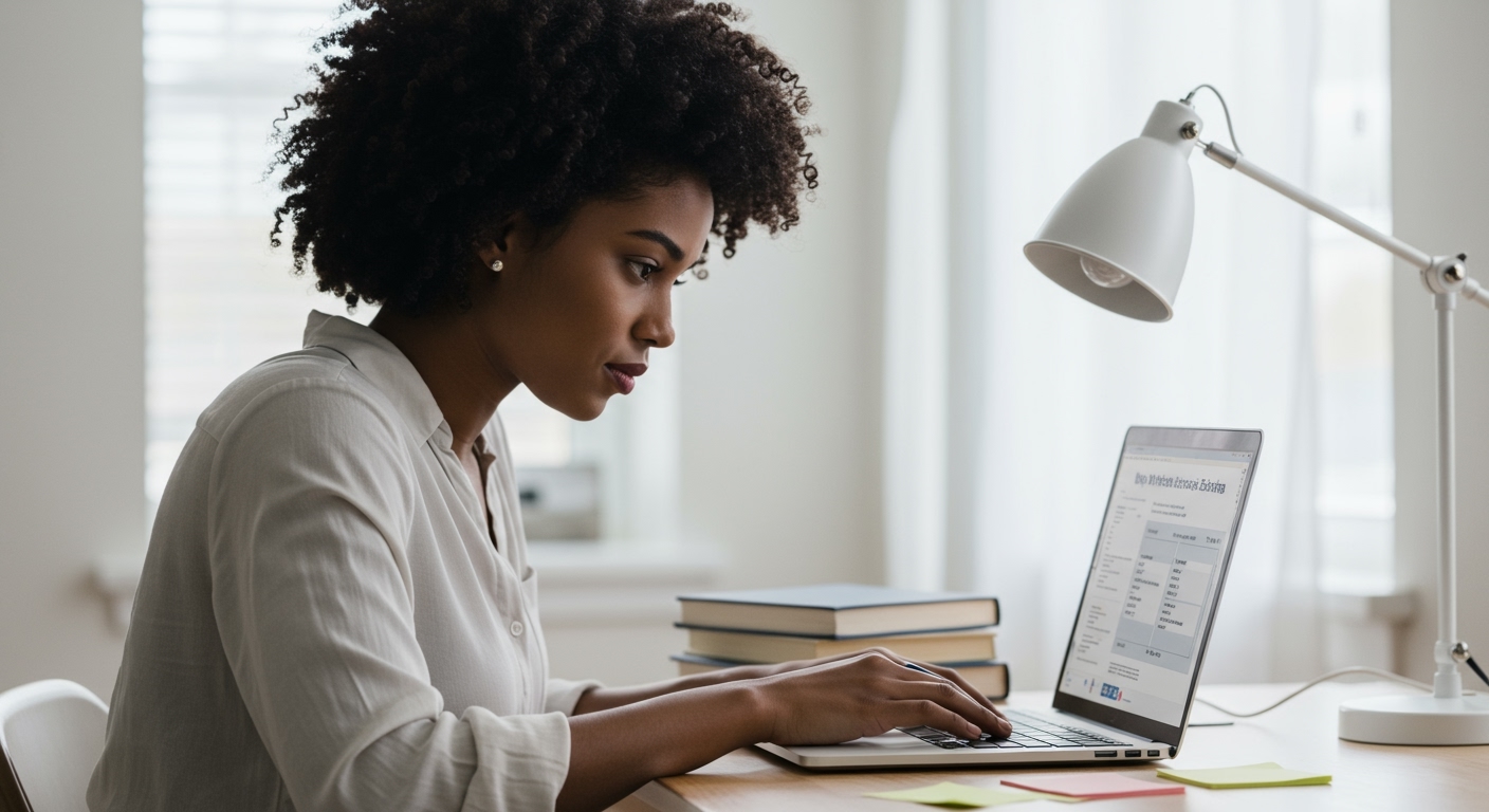 A student reviewing study materials on a laptop while preparing for how to get a New York insurance license at home.