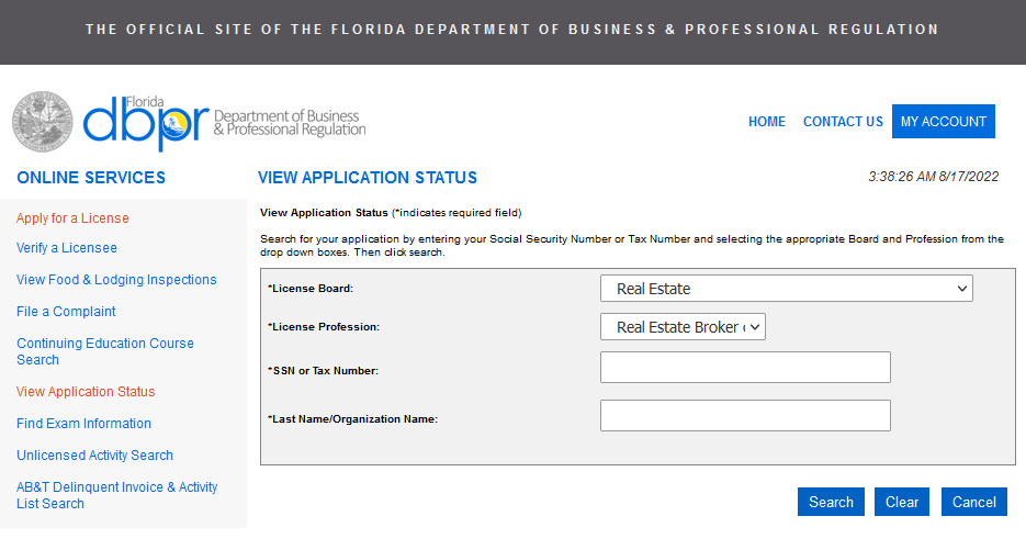 Department of State Florida website application status information.
