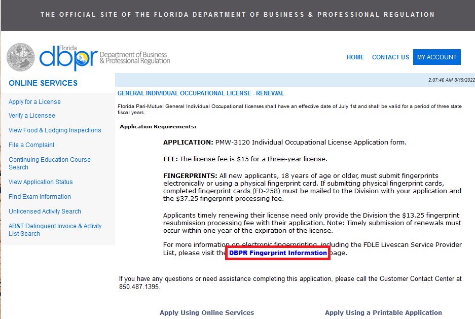 Department of State Florida website fingerprint information.