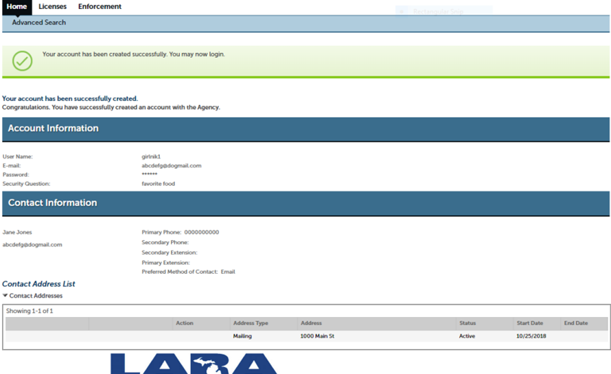  Account creation confirmation on the Michigan Licensing and Regulatory Affairs website