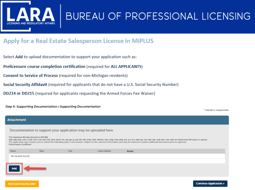 Screengrab of the ‘Add’ document page on the Michigan Licensing and Regulatory Affairs