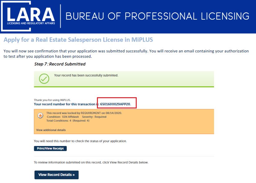 Successful application on Michigan Licensing and Regulatory Affairs page