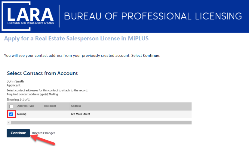 Selecting personal account created with the Michigan Licensing and Regulatory Affairs
