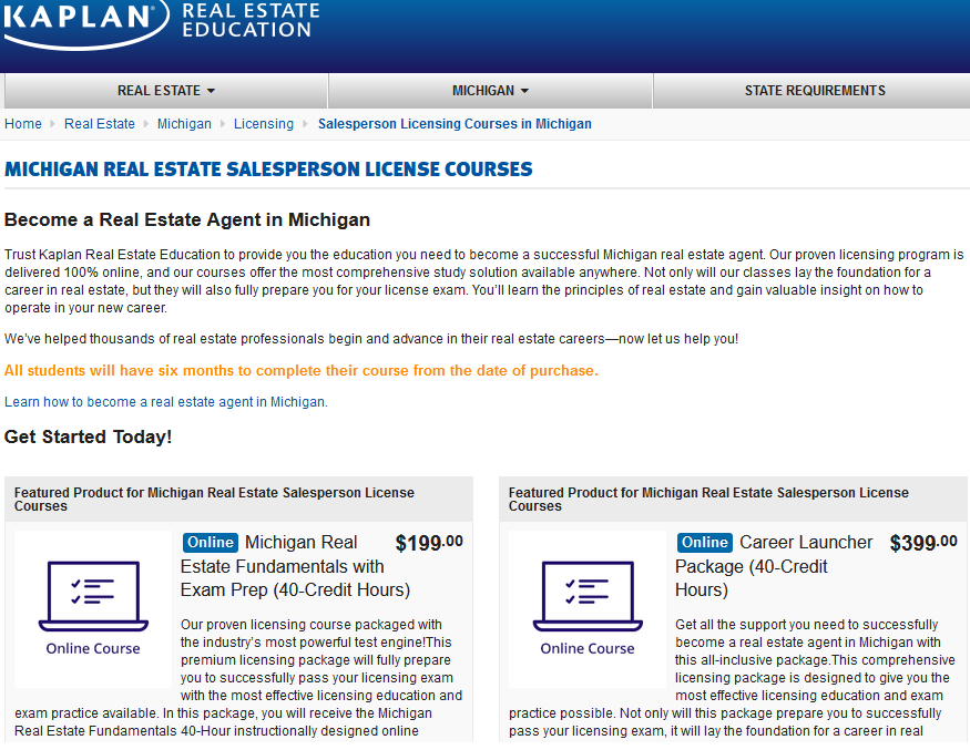 Advertisement for the Michigan Real Estate License online course from Kaplan Education.