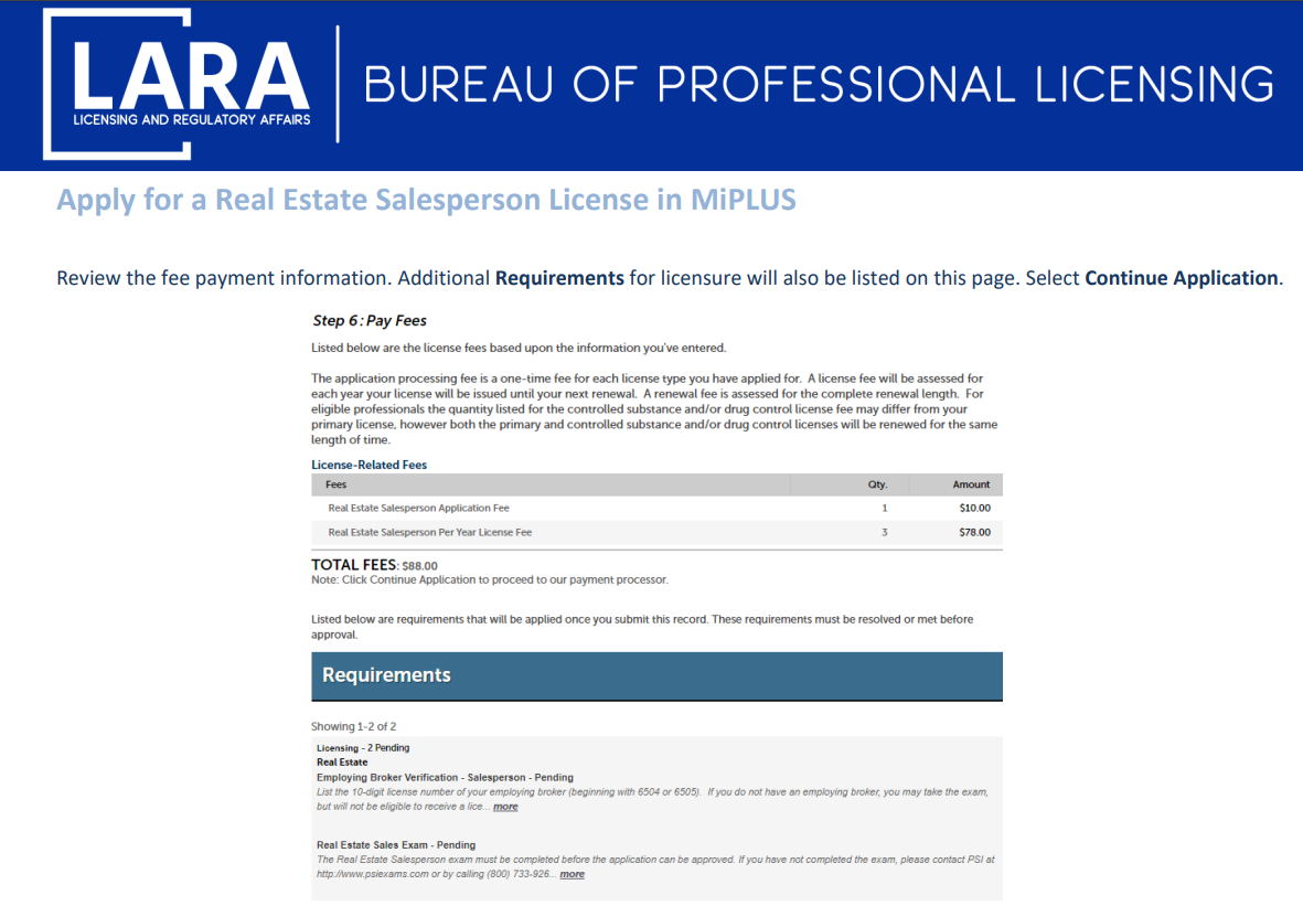 Payment for license application on Michigan Licensing and Regulatory Affairs website