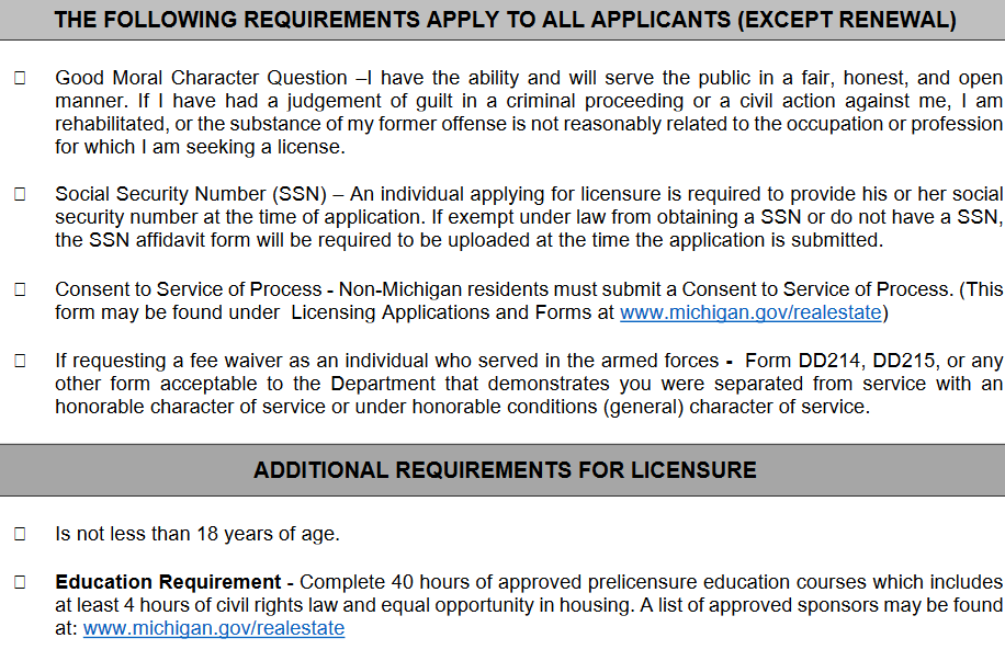  Applicant requirement page on the Michigan Licensing and Regulatory Affairs website