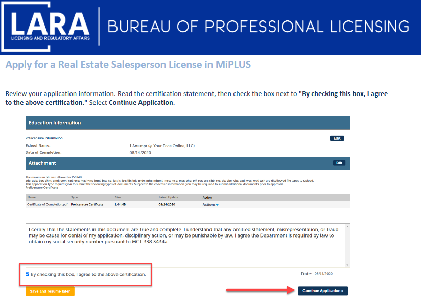 Validation of certification on Michigan Licensing and Regulatory Affairs website