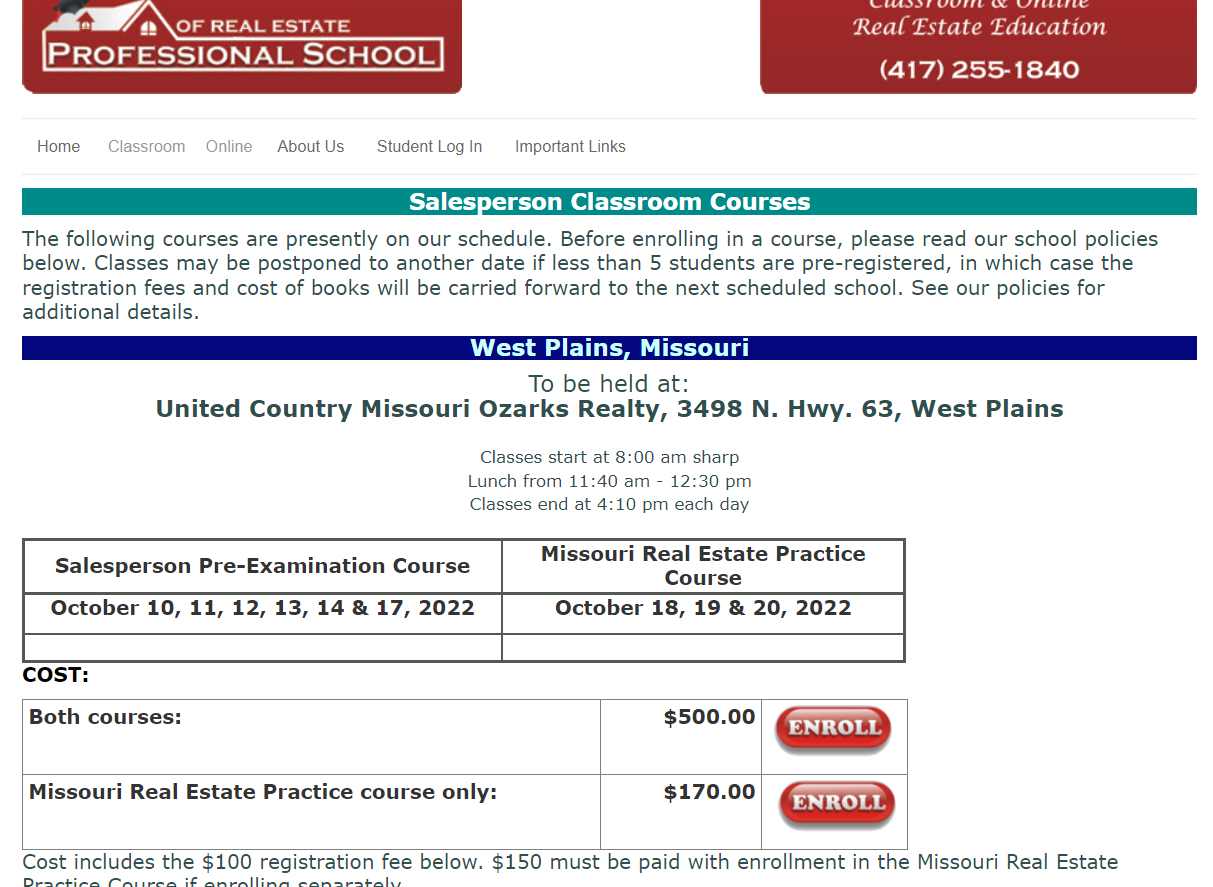 Cost for in-person classes by Professional School of Real Estate, Missouri.