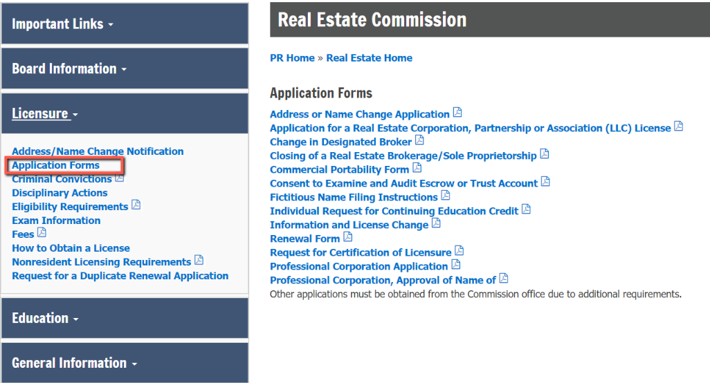 The MDPR website that shows the ‘Application Forms’ tab.