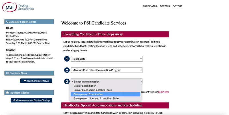 PSI Website where details of the examination program need to be entered.
