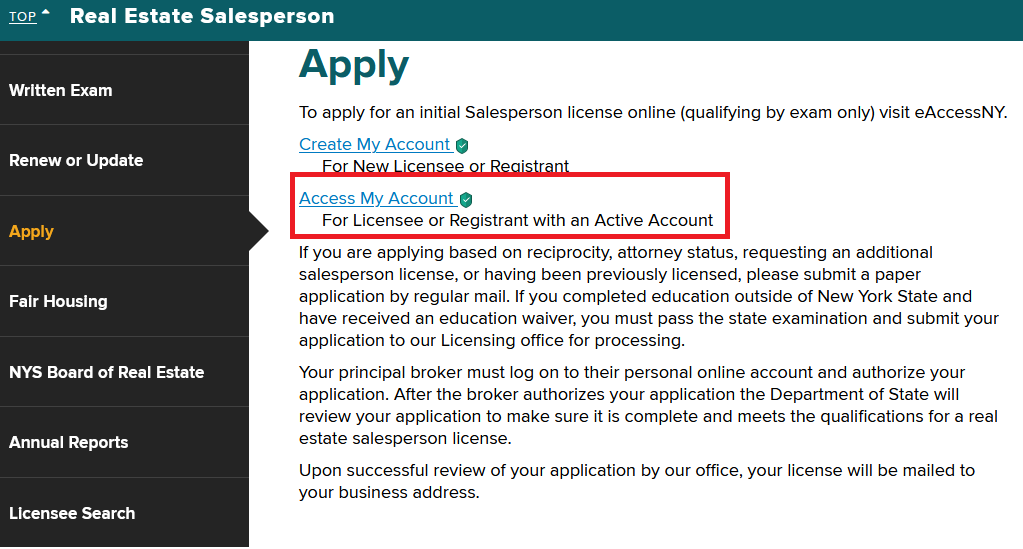 ’Access My Account’ link on the Apply section on the Department of State, New York website.