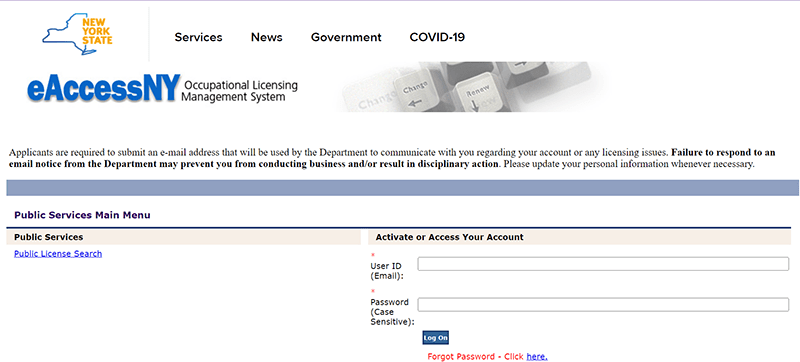 Log in page on the eAccessNY section.