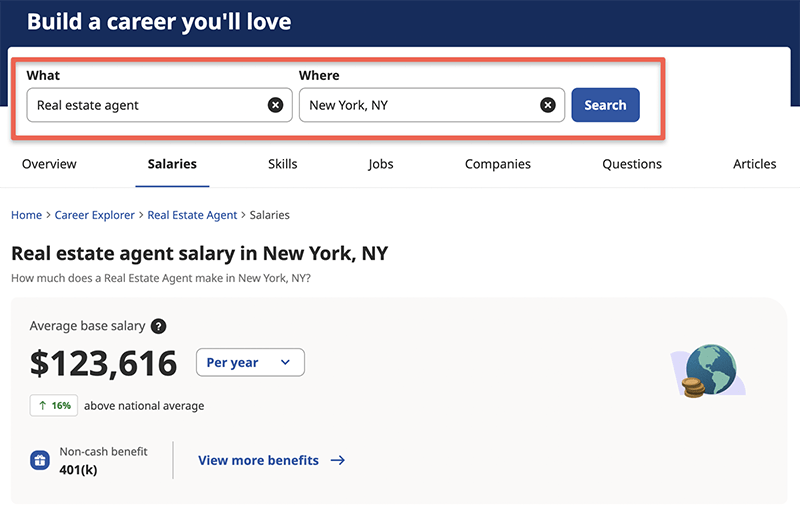 The average salary for a real estate agent in New York.