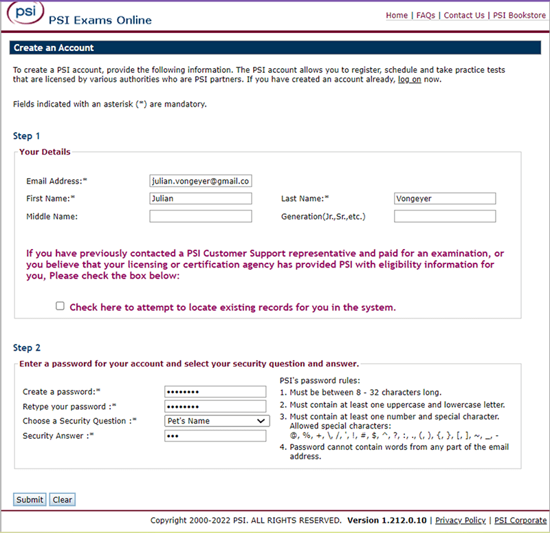 PSI Exams online - Create an Account Page