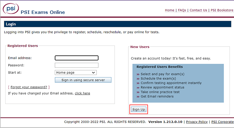 PSI Exams online - Login page with the ‘Sign Up’ button.