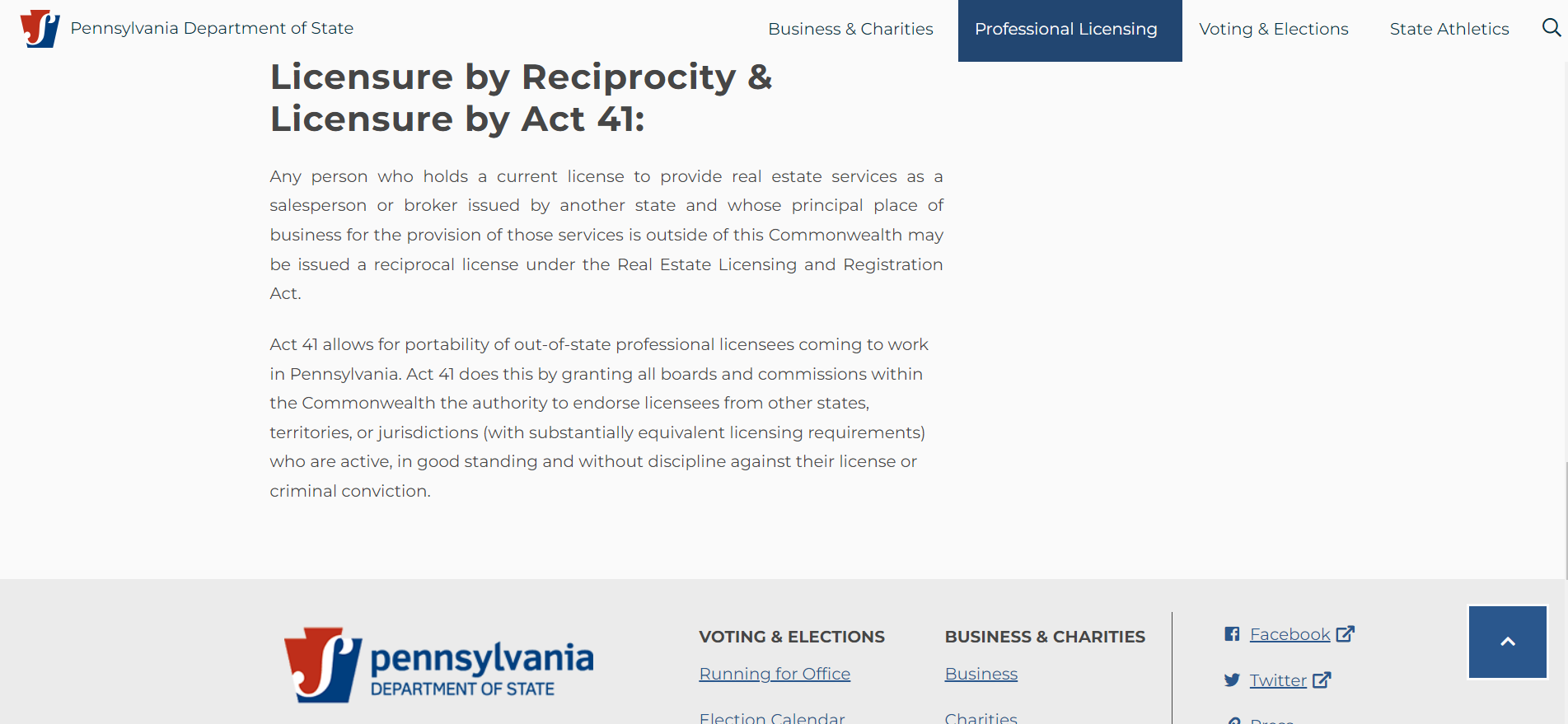 Pennsylvania Department of State website talking about Licensure by Reciprocity.
