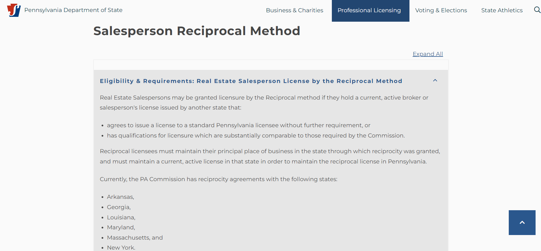 Salesperson License by the Reciprocal Method - Pennsylvania.