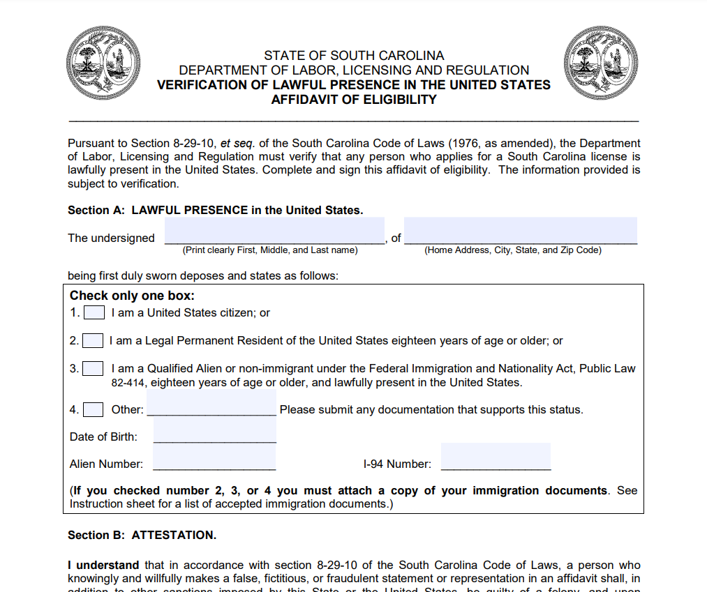 Verification of Lawful Presence form on the South Carolina Real Estate Commission website.