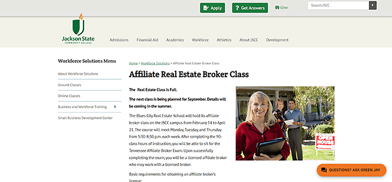 Advertisement for Affiliate Real Estate Broker Class from Jackson State Community College.