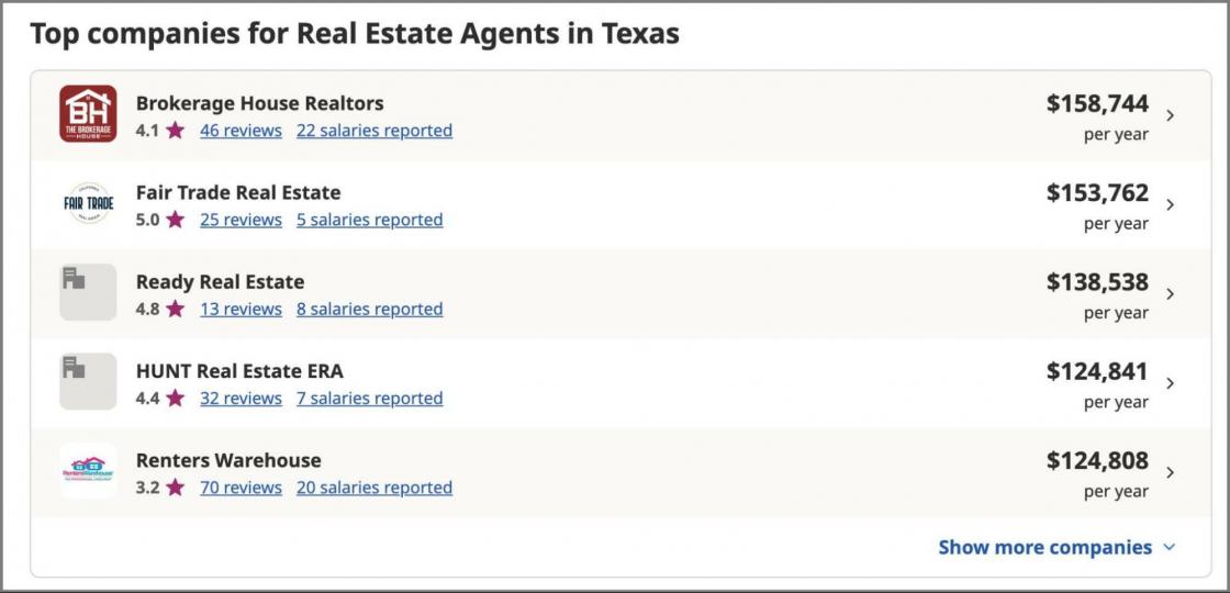 List of Texas real estate brokerages and their yearly earning potential.