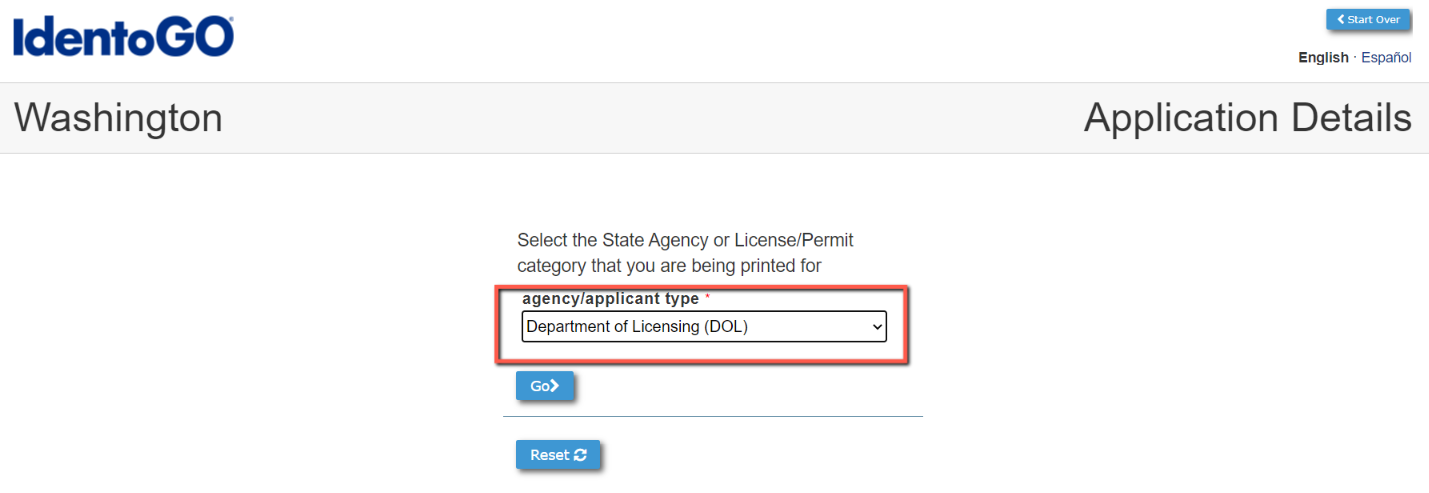 Select Department of Licensing (DOL) as the agency/ application type.