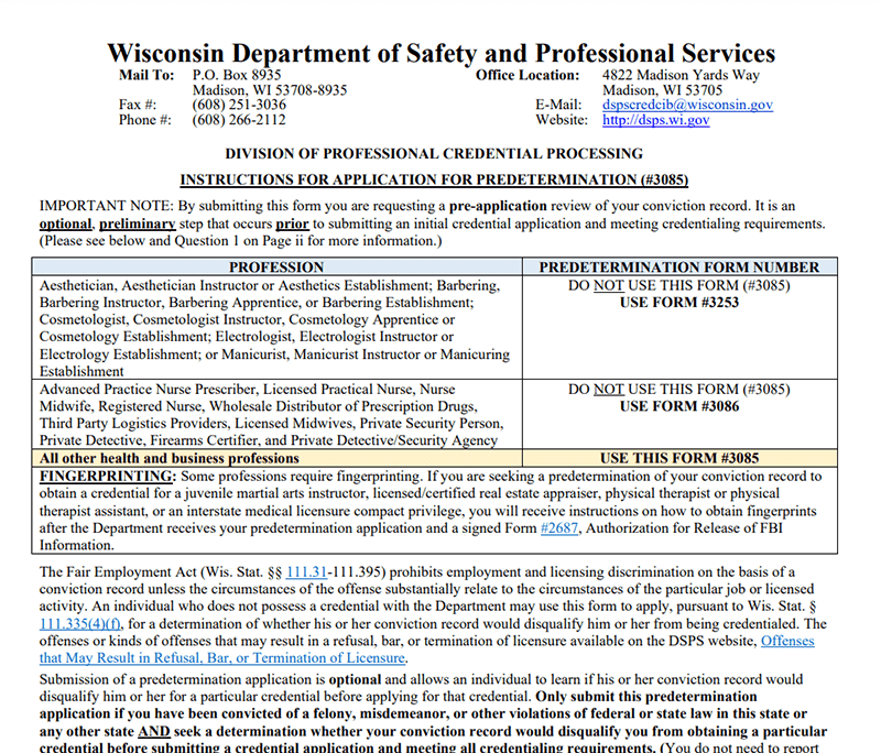 Application for predetermination on Wisconsin Department of Safety and professional Services website.