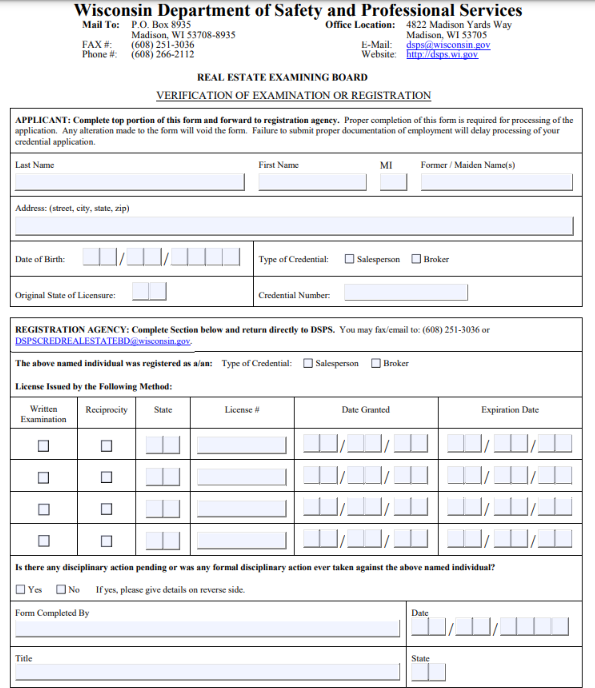 Application for Verification of license from other states on the Wisconsin DSPS website.