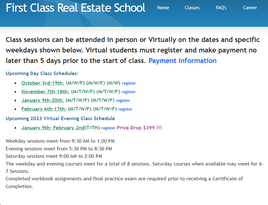 Advertisement for the Wisconsin Real Estate License from First Class Real Estate School.