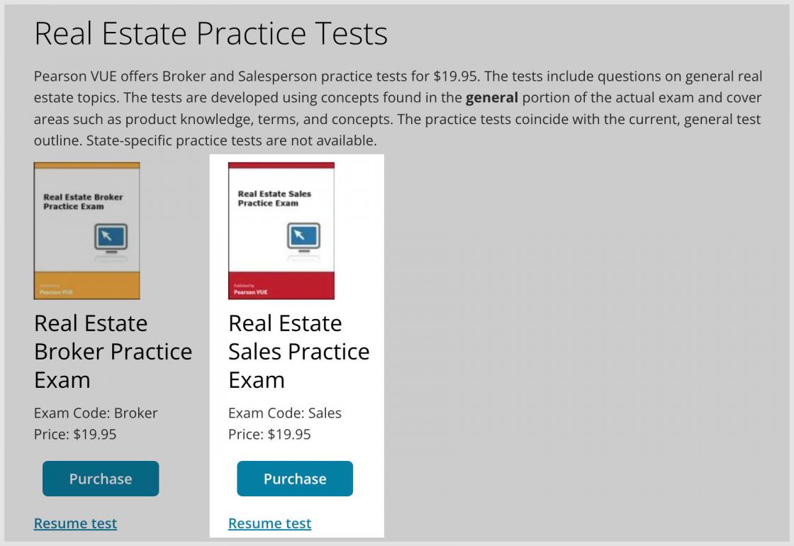 Pearson VUE real estate sales practice exam sign up page