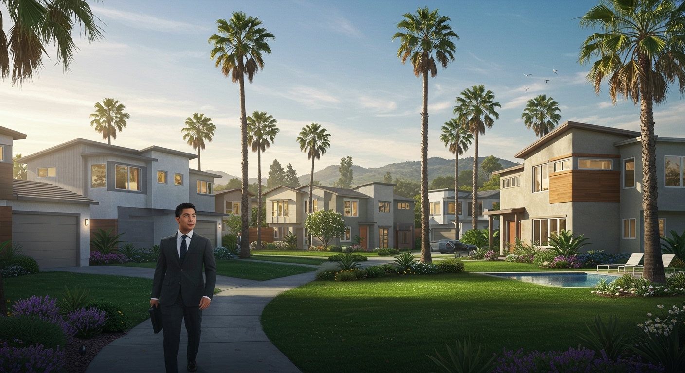 A California neighborhood with modern homes and palm trees, symbolizing the real estate market and MLO career opportunities.