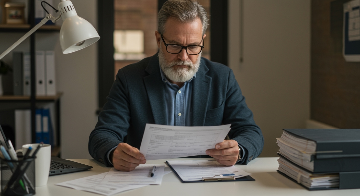 Loan processor reviewing financial documents and preparing a mortgage file for underwriting