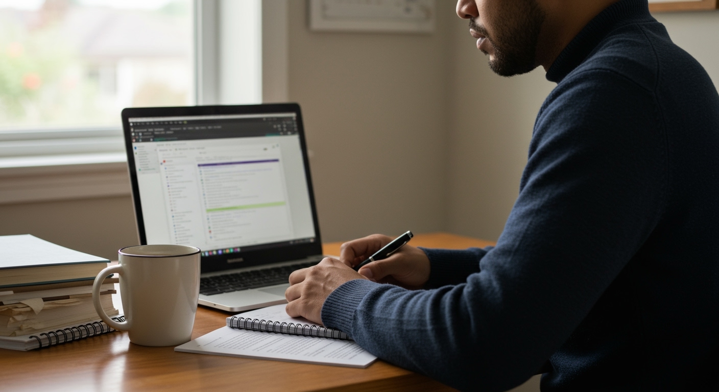 An individual focused on an online mortgage practice test, symbolizing exam readiness and the time investment required to become licensed.