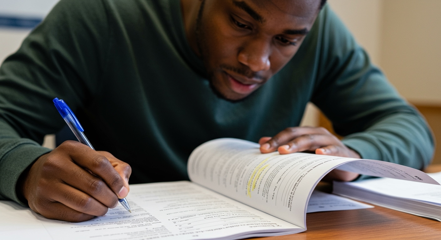 Student reviewing practice questions to pass the insurance license exam on first try