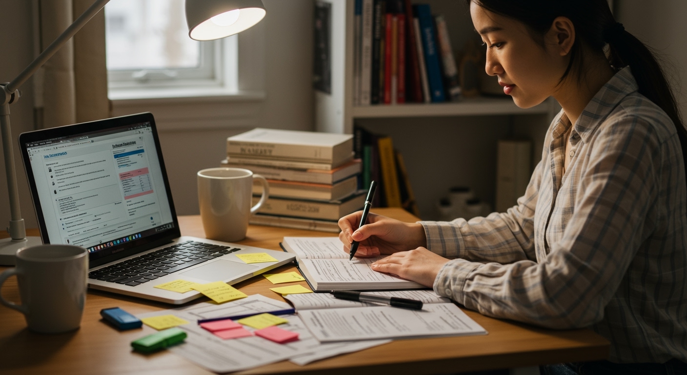 Study desk with notes and laptop preparing to pass the insurance license exam