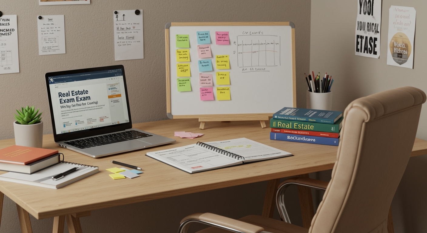 Real estate exam prep desk setup showing study materials for how to pass real estate exam on first try