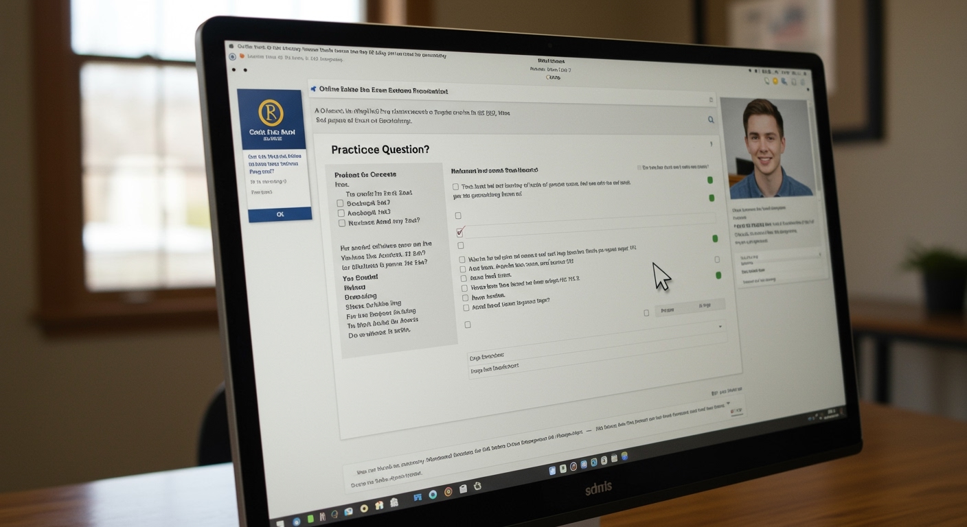 Online course screen with a learner practicing questions on how to pass real estate exam on first try