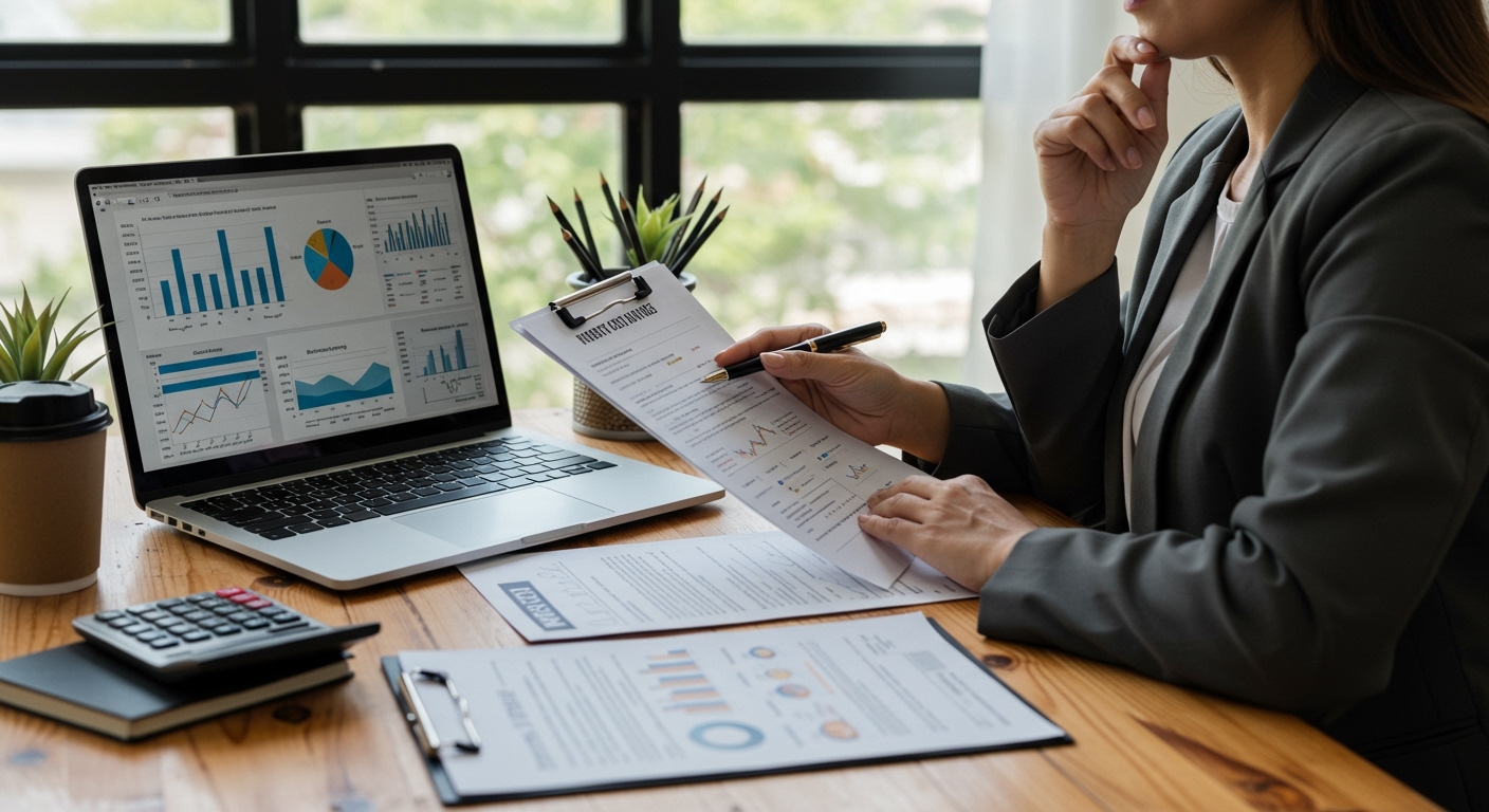 Workspace of a real estate agent integrating MLO services with charts and mortgage paperwork on the desk.