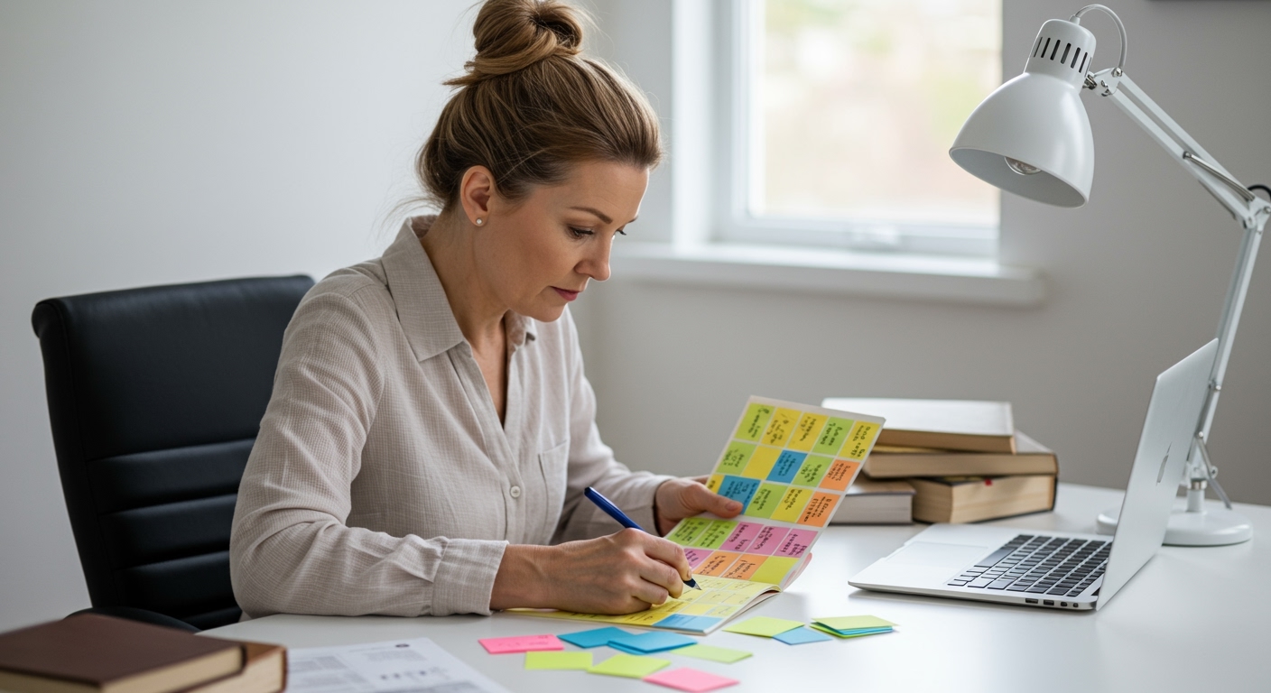 Visual learner studying for the real estate exam by annotating contracts and using color-coded notes as part of visual exam prep strategies