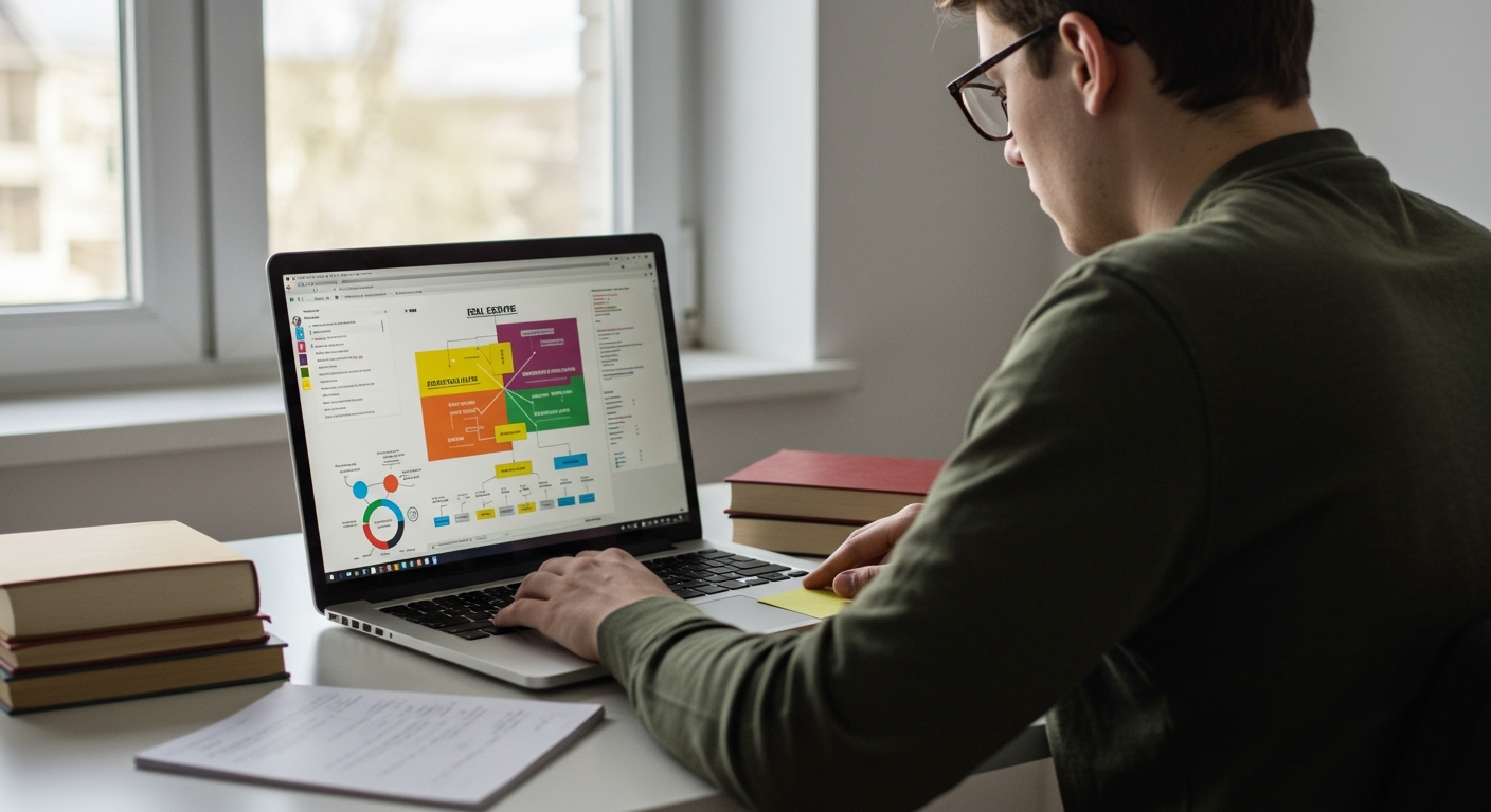 A student reviewing real estate concepts through flowcharts and visual aids on a laptop, showing practical real estate exam prep tips for visual learners