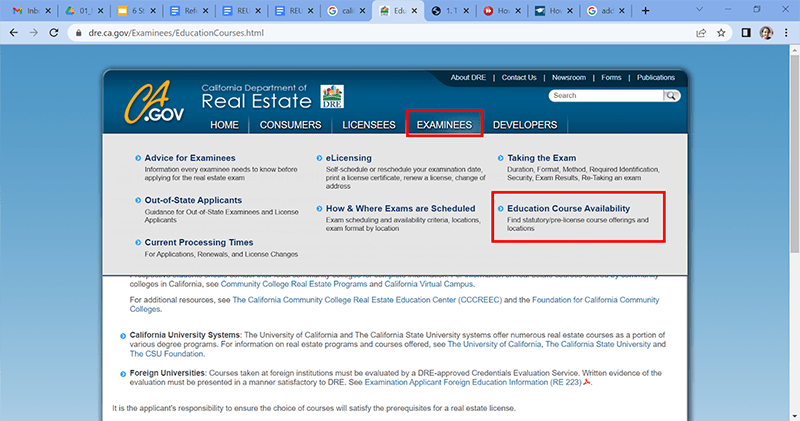 Home page of the California Real Estate Commission site, showing the ‘List of Statutory /Pre Licensing Course Offerings’ link highlighted.