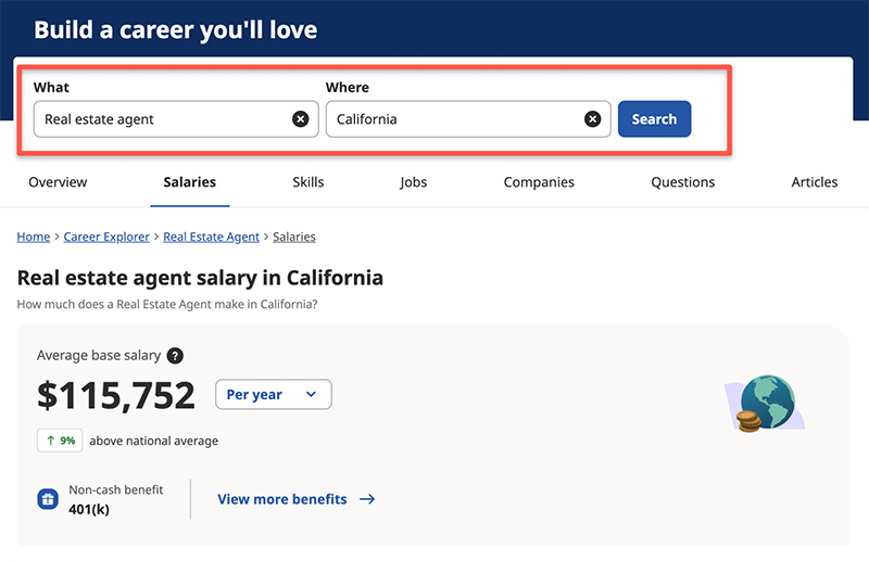 Salary information for real estate agents in California.