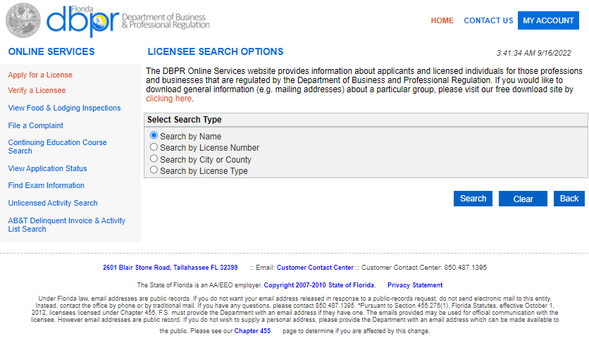 Florida Department of Business & Professional Regulation website page for locating a registered broker in Florida.