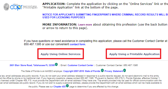 Different methods for applying for a real estate license highlighted on the Florida Department of Business & Professional Regulation website.