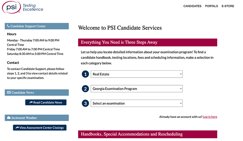 Page of PSI Candidate Services showing the categories to be selected for scheduling the exam.