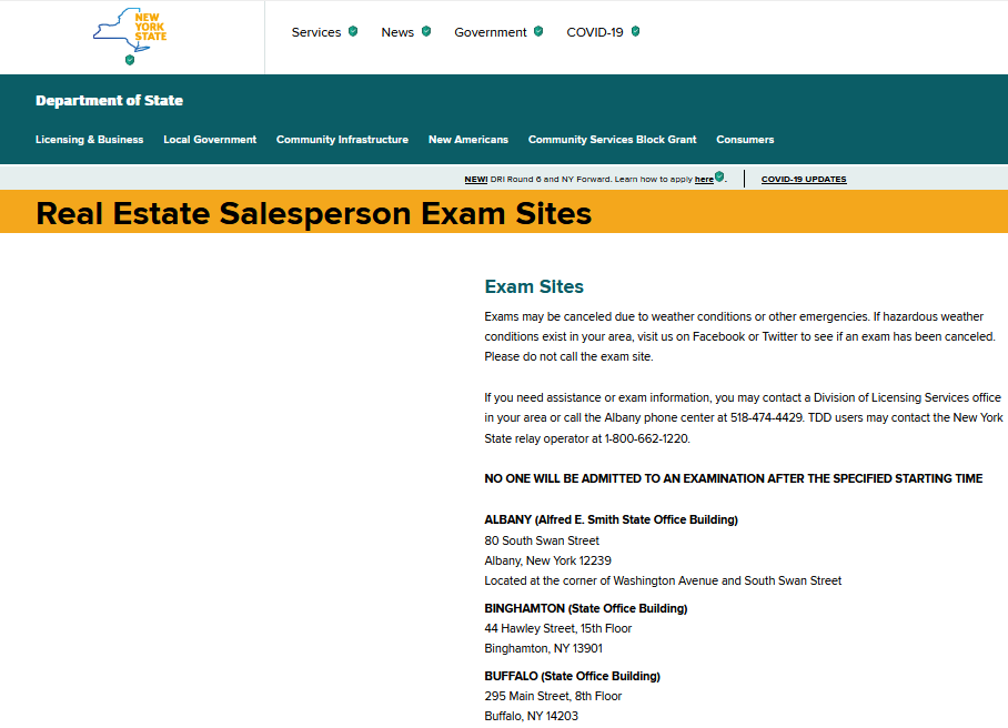 Information for real estate exam sites in New York.
