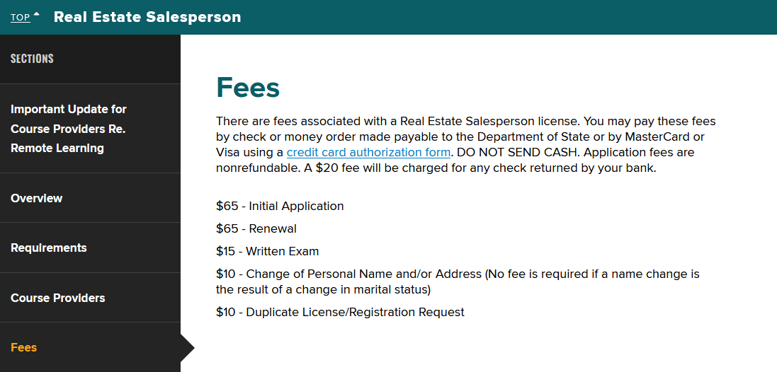 The fees structure for the New York Real estate salesperson license on the Department of State, New York website